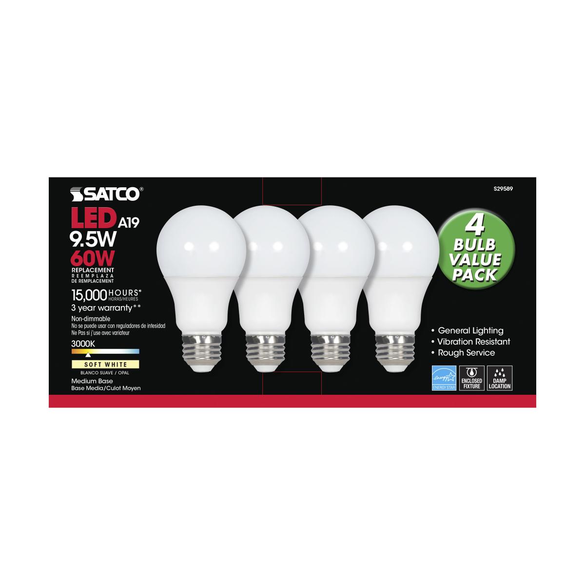 Satco Light Bulb LED Soft White 9.5W 3000K 4pk