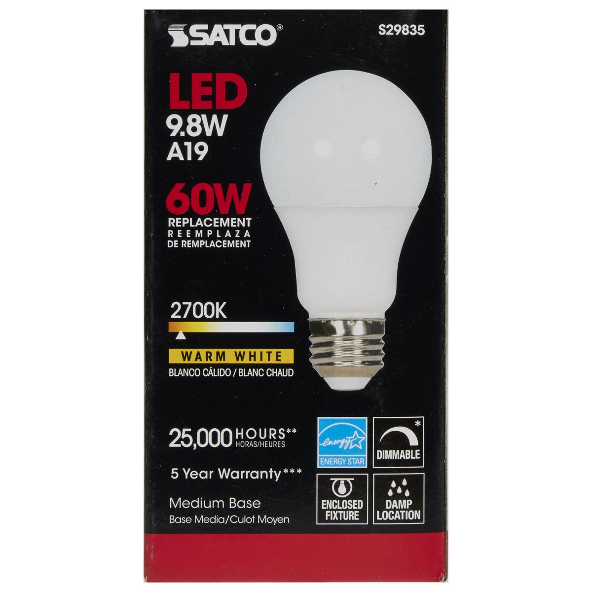 Satco Light Bulb 9.8W LED A19 Warm White 2700k Dimmable