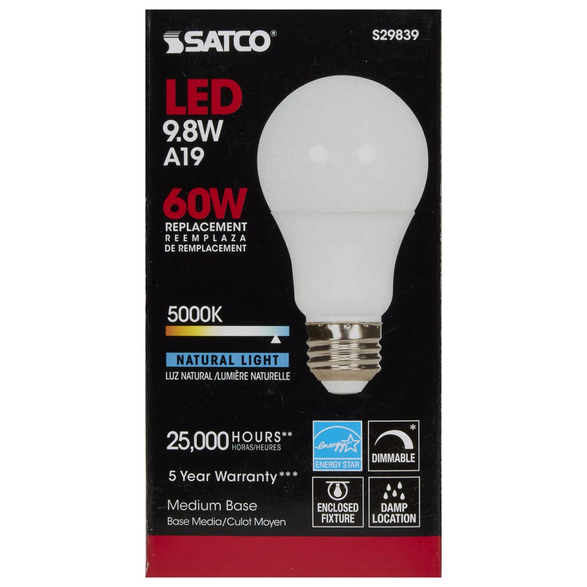 Satco Light Bulb 9.8W LED A19 Natural White 5000k Dimmable