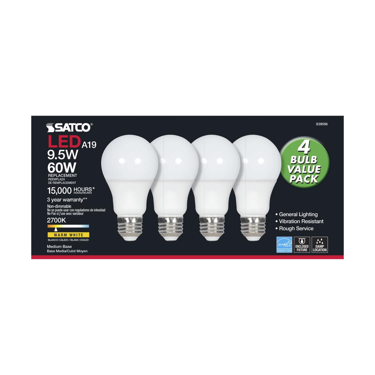 Satco Light Bulb LED Warm White 9.5W 2700K 4pk