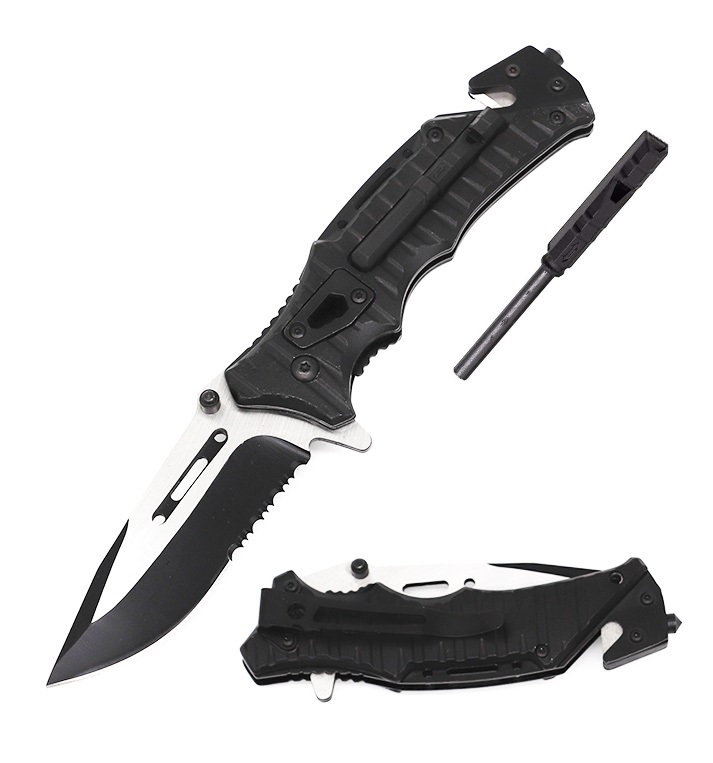 Pocket Knife 4" Black w/ Whistle & Fire Starter