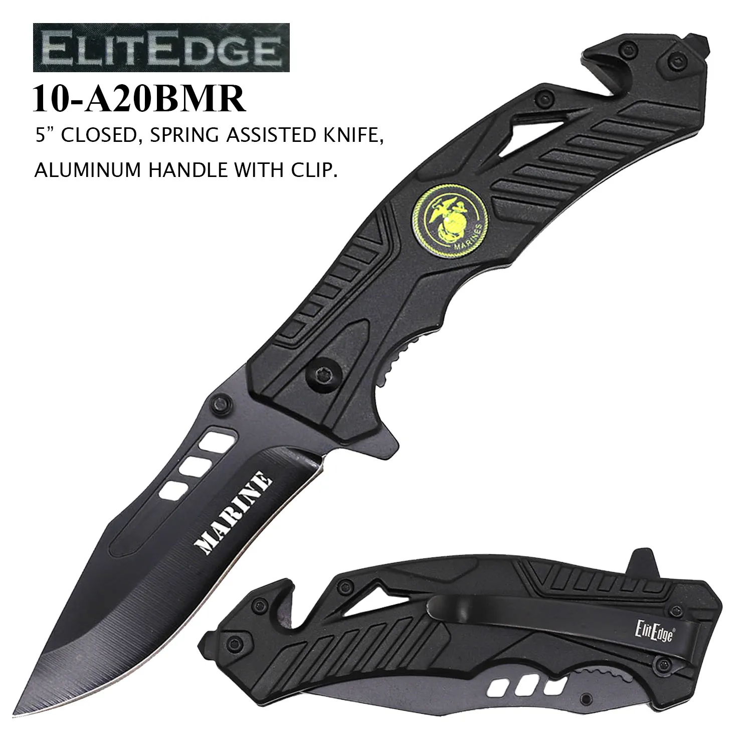 Pocket Knife 3-1/2" Blade Marine Rescue Black Aluminum