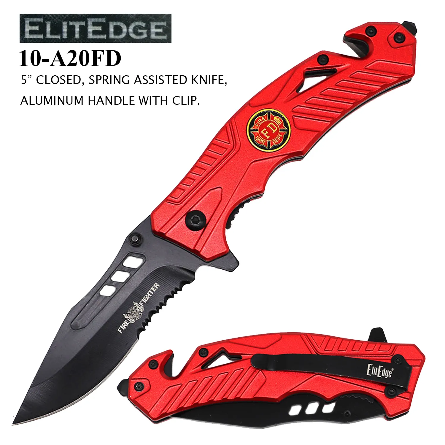 Pocket Knife 4" Fire Fighter Aluminum Handle Red