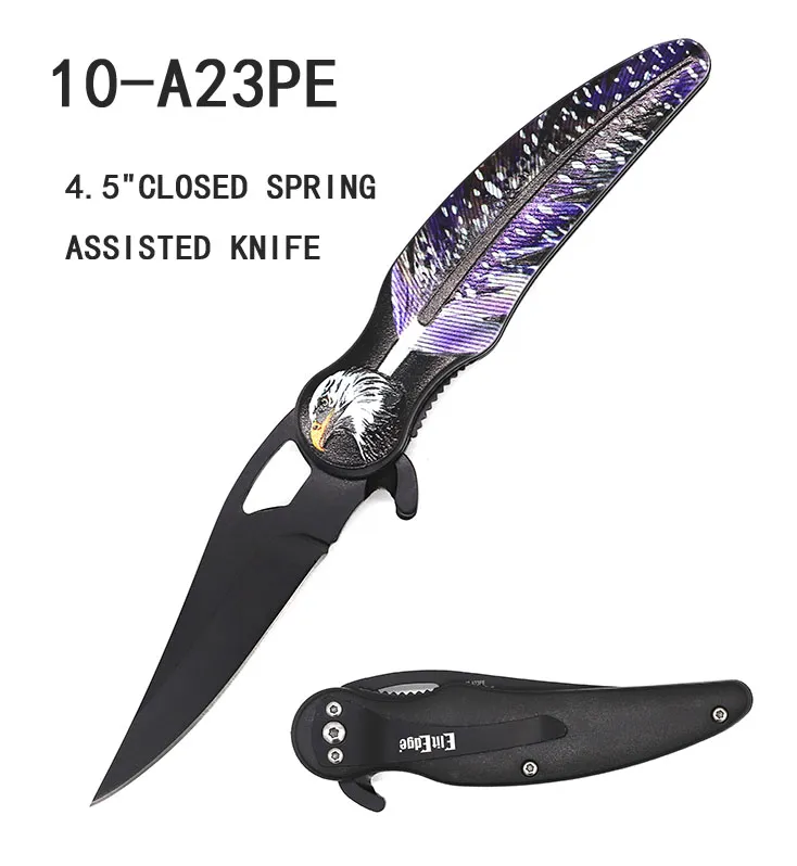Pocket Knife 3" Spring Assist Elit Edge Eagle Feather Purple