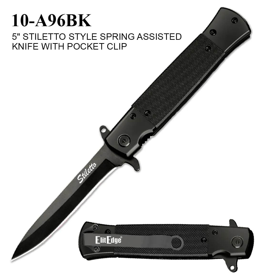 Pocket Knife 3-3/4" Stainless Steel Stiletto Black