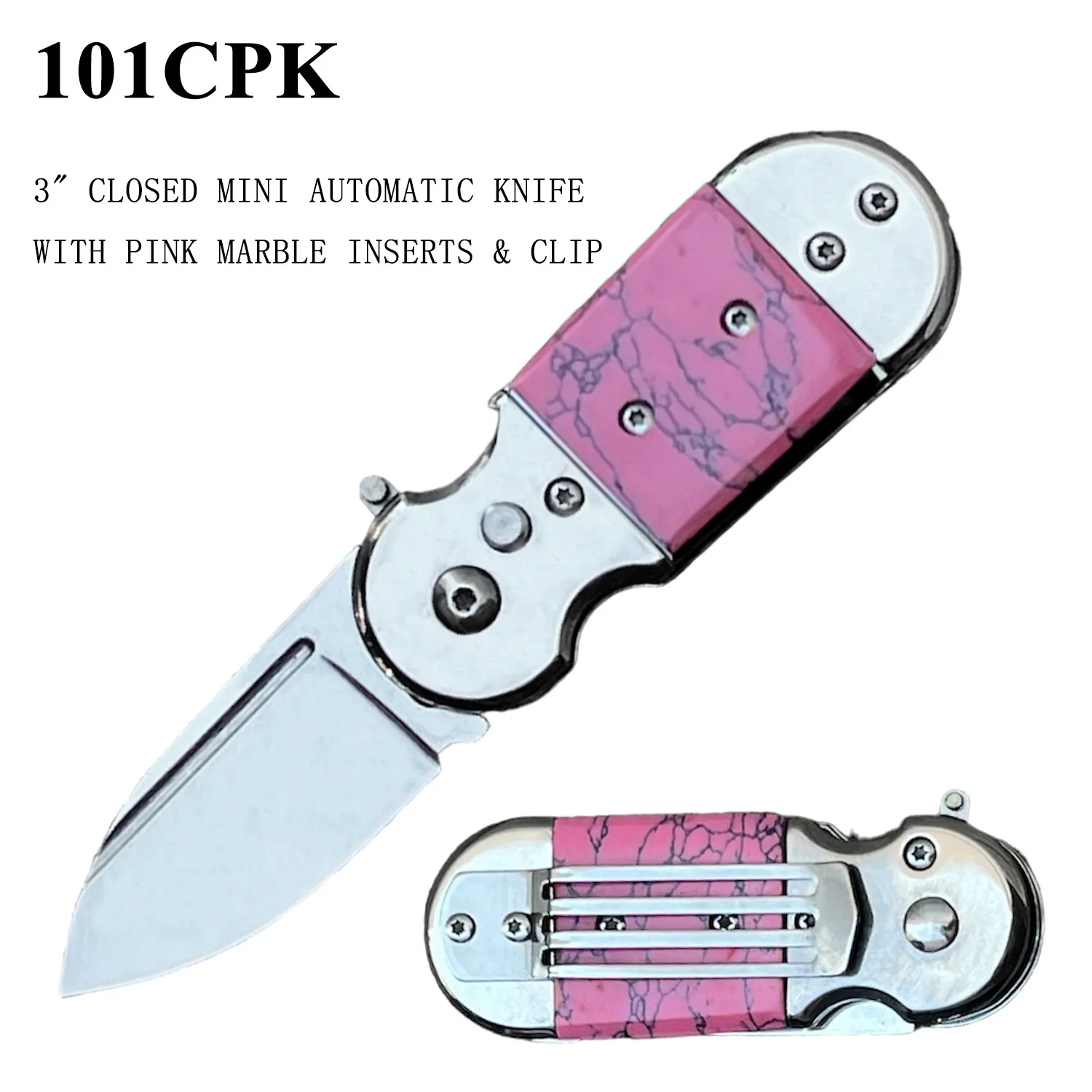Pocket Knife 1-3/4" Stainless St Dagger Pink Marble