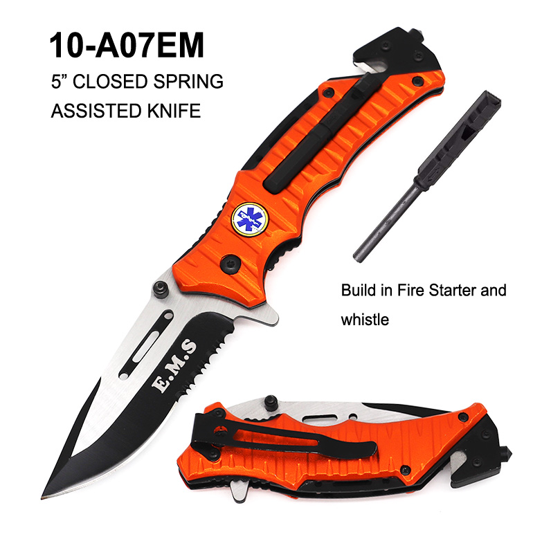 Pocket Knife 4" Orange EMS w/ Whistle & Fire Starter