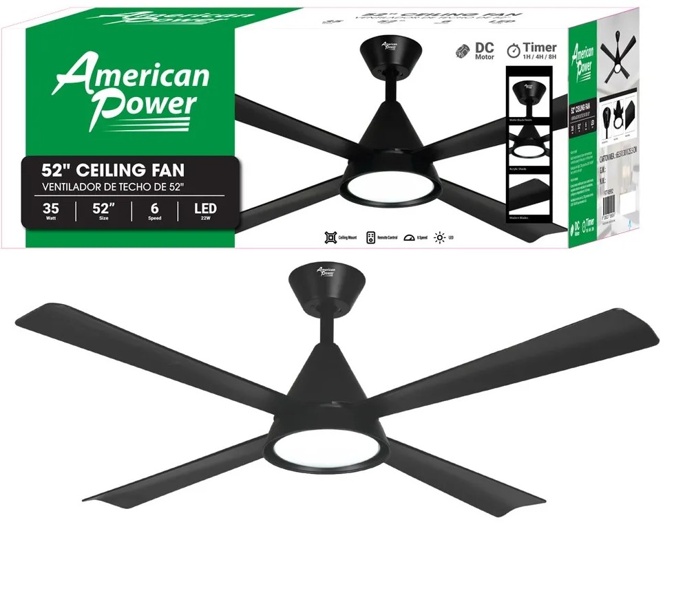 Black Ceiling Fan with Light 52"
