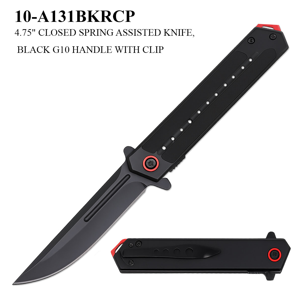 Pocket Knife 3-3/4" Blade Spring Assist 440C SS G10 Black