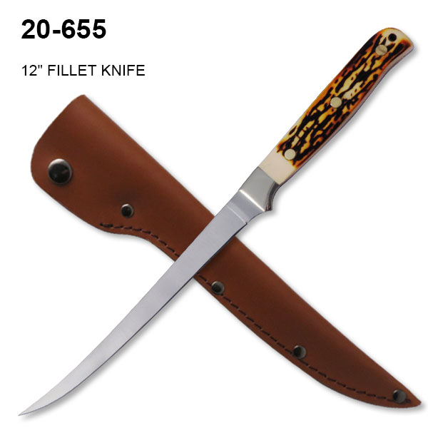 Hunting/Fishing Fillet Knife 7-3/8" Blade w/ Leather Sheath Red